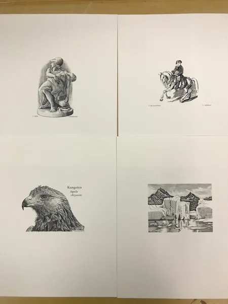Gravyrer av de fyra stora frimärksgravörerna Slania, Mörck, Sjööblom och Naszarkowski