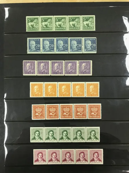 SVERIGE Samling 5-strip i visiralbum och tre insticksböcker, postfriskt 1920 - 2009