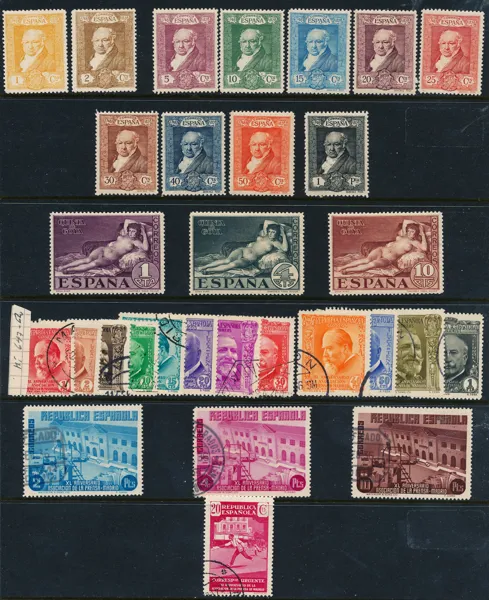SPANIEN Mi 464-481 Goya 100 år och Mi 647-662 40 år Madrids Tidningsförbund i två kompletta stämplade serier