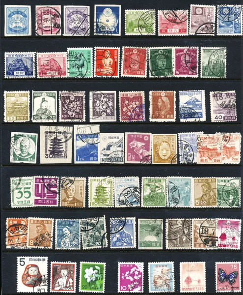 JAPAN Parti med 66 stämplade märken, flera bättre + 9 st Korea (reviderat nya bilder)