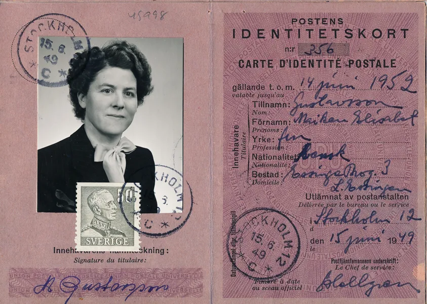 POSTENS IDENTITETSKORT avgiften betald med Profil Höger 50 öre 1949