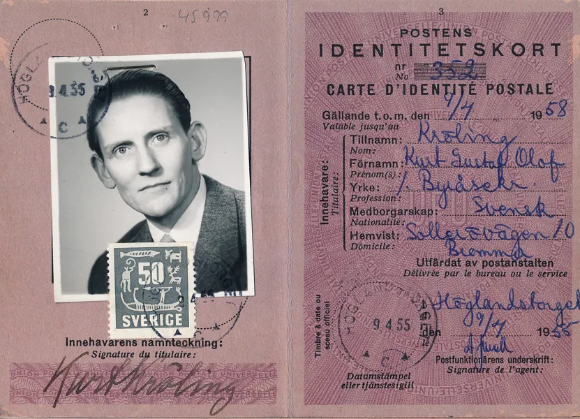 POSTENS IDENTITETSKORT avgiften betald med Hällristningar 50 öre 1955
