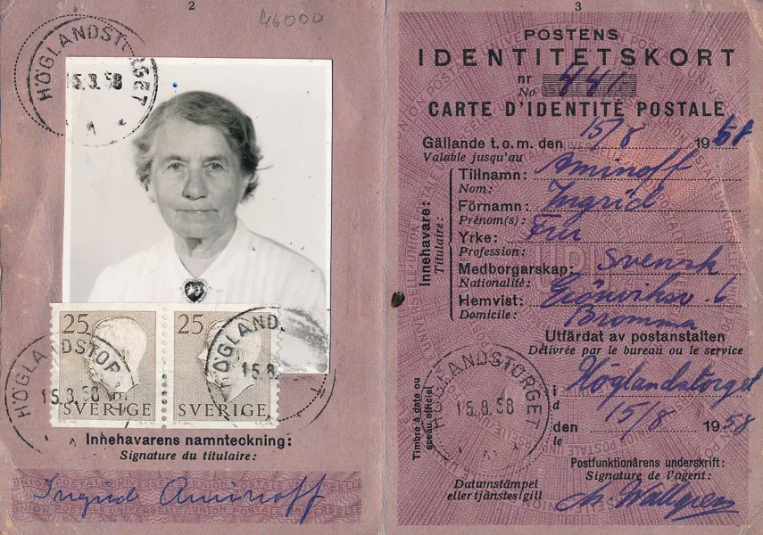 POSTENS IDENTITETSKORT avgiften betald med Gustav VI Adolf 2x 25 öre brun 1956
