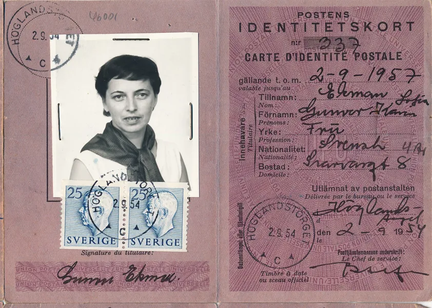 POSTENS IDENTITETSKORT avgiften betald med Gustaf VI Adolf typ I, 2x 25 öre blå 1954