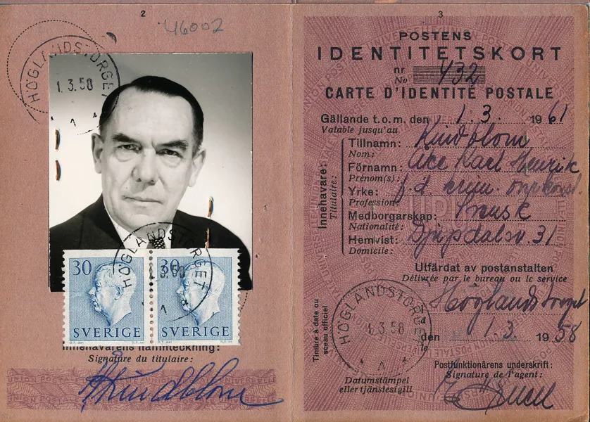 POSTENS IDENTITETSKORT avgiften betald med Gustaf VI Adolf typ II, 2x 30 öre blå öre 1958
