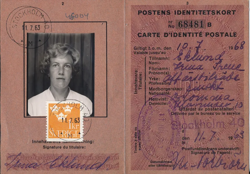 POSTENS IDENTITETSKORT avgiften betald med Tre Kronor 1 kr 1963