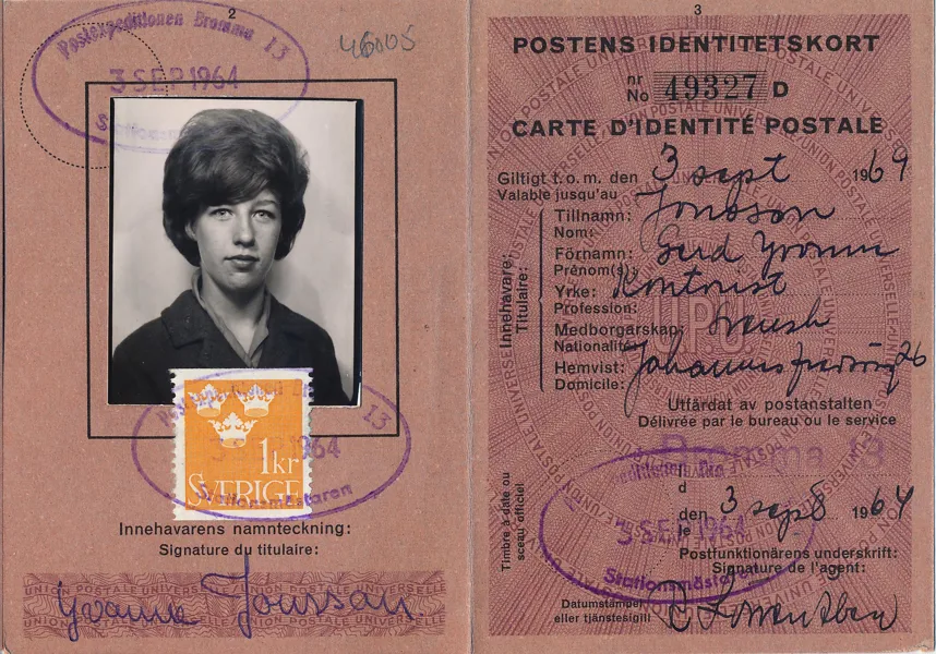 POSTENS IDENTITETSKORT avgiften betald med Tre Kronor 1 kr 1964