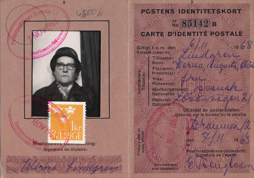 POSTENS IDENTITETSKORT avgiften betald med Tre Kronor 1 kr 1963