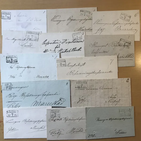 FYRKANTSTÄMPLAR 14 st brev/brevomslag med diverse enklare stämplar 1838 - 1856
