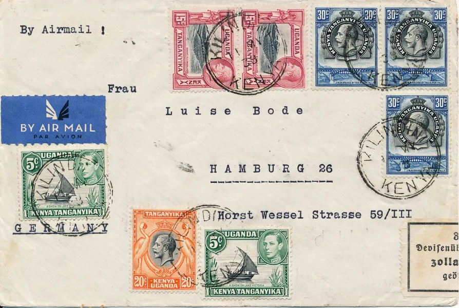KENYA 1938. Vacker flygbrev till Hamburg med tysk kontrollremsa för valutakontroll stämplat KILINDINI 11MY 38.