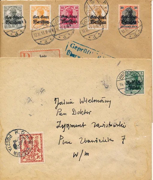 POLEN 1917 Tysk ockupation. Två brev ett Censur och ett Lösenbelagd med Warszawas Stadspost märke