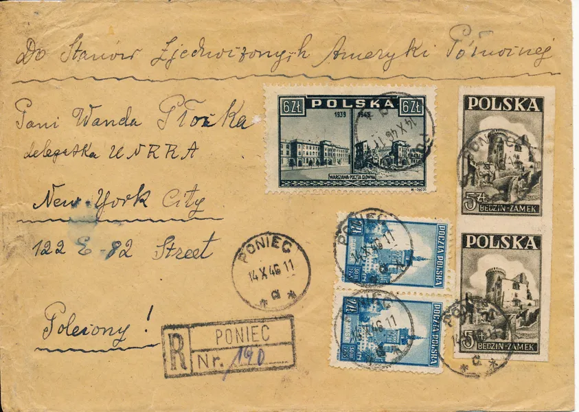 POLEN 1946. Rekommenderat brev till USA frankerat med bl.a. perforerat M 417 stämplat i PONIEC 14.X.46, ankomst New York 8 NOV 1946