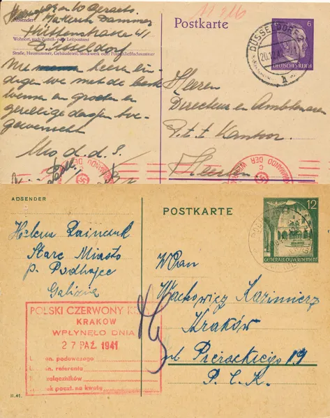 TYSKLAND Generalgouvernement 1941 Röda Korset i Krakow ang krigsfånge + kort till Holland från Düsseldorf.
