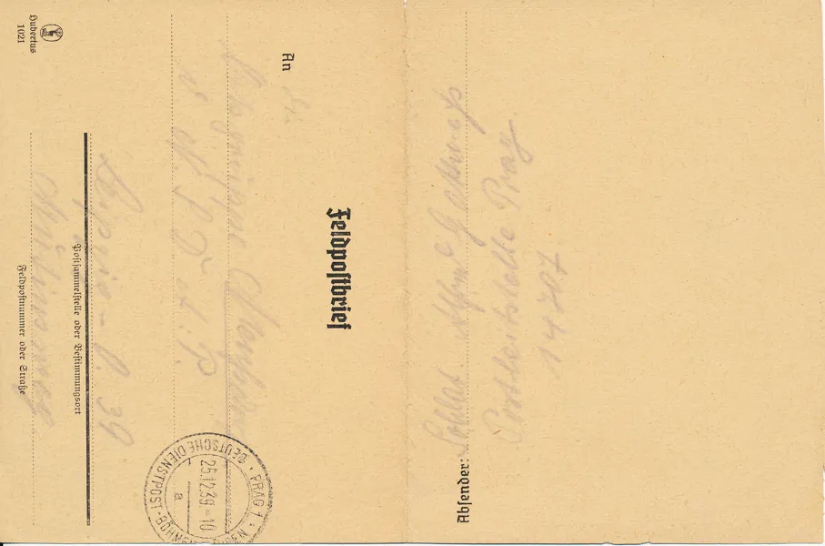 TYSKLAND 1939 Fältpostbrev från Prag juldagen 1939 till Leipzig