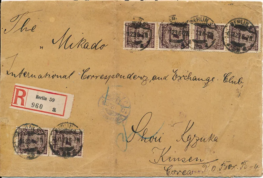 TYSKLAND 1923 Inflationsbrev rekommenderat till Korea via Japan stämplat BERLIN 6.XI.1923