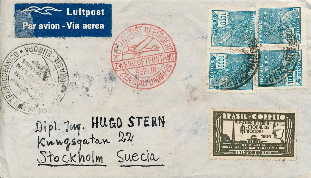 BRASILIEN 1934 Zeppelin brev från Rio de Janeiro till Stockholm med flera stämplar