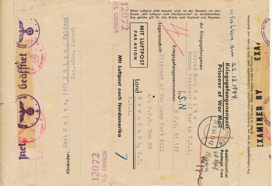 TYSKLAND 1944 Krigsfångepost till tysk krigsfånge i USA