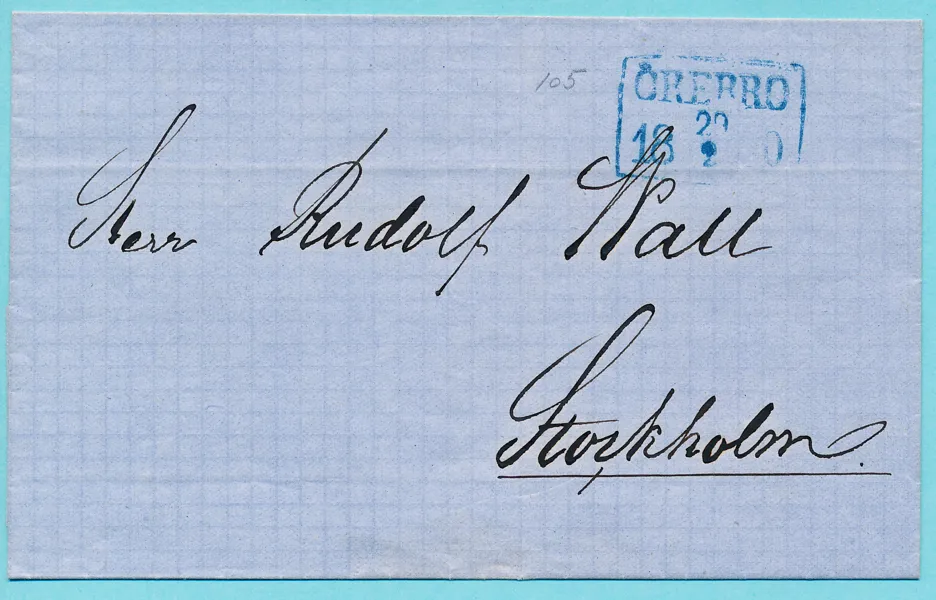 FYRKANTSTÄMPEL (N7)  ÖREBRO 29.2.1860  Blå stämpel, typ 5