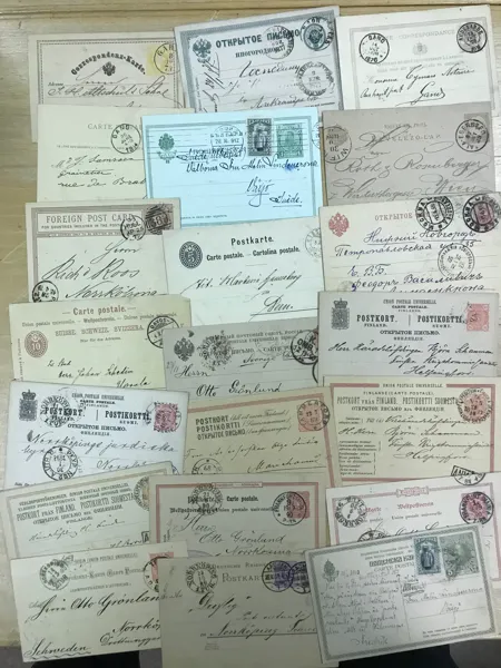 BREVKORT 29 st utländska brevkort skickade till Sverige från flera olika länder 1873 - 1905