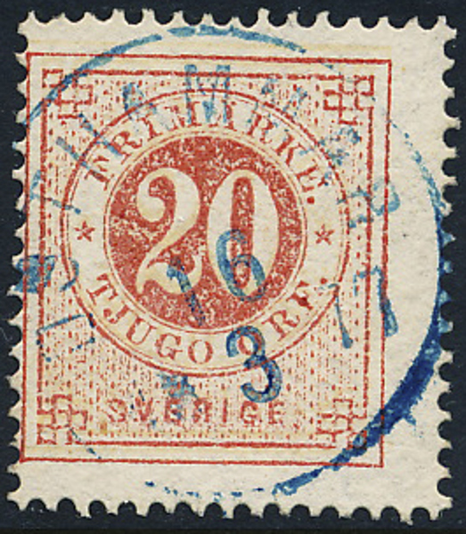 F23 20/20 öre stämplad i ÖSTHAMMAR 16.3.1877 - blå stämpel (Redigerad text från F22 till F23)