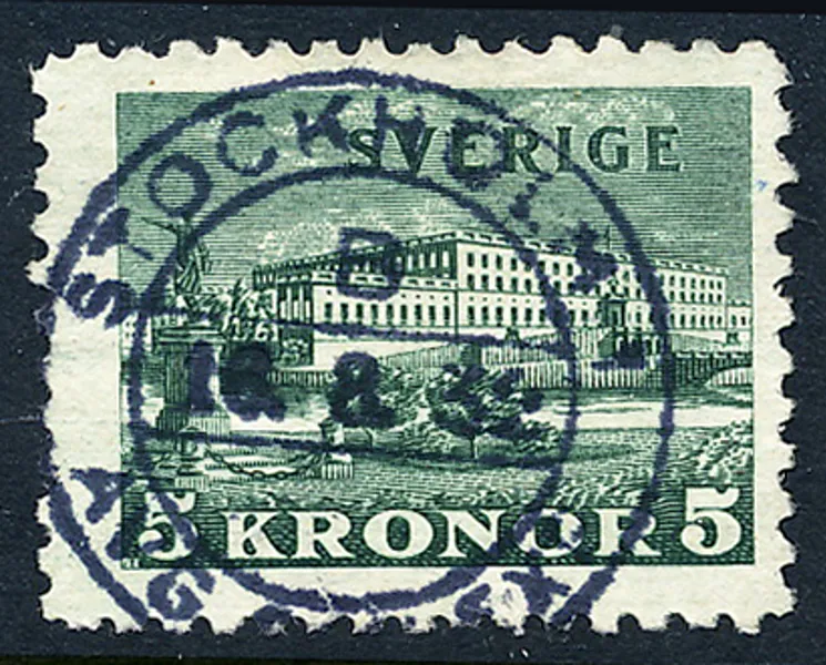F233a 5 kr grön Slottet i på tonat papper STOCKHOLM B 16.8.32
