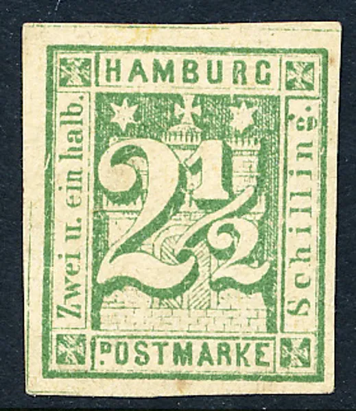 HAMBURG Mi 9 2 1/2 S grön Hamburgs Stadsvapen ostämplat utan gummering med goda marginaler