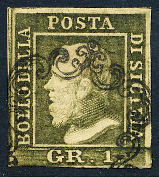 SICILIEN Mi 2b/c oliv 1 GR Kung Ferdinad II, vackert stämplat exemplar
