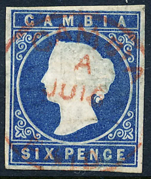 GAMBIA Mi 4 6 P blå vm krona Drottning Victoria, röd stämpel GAMBIA A JUL