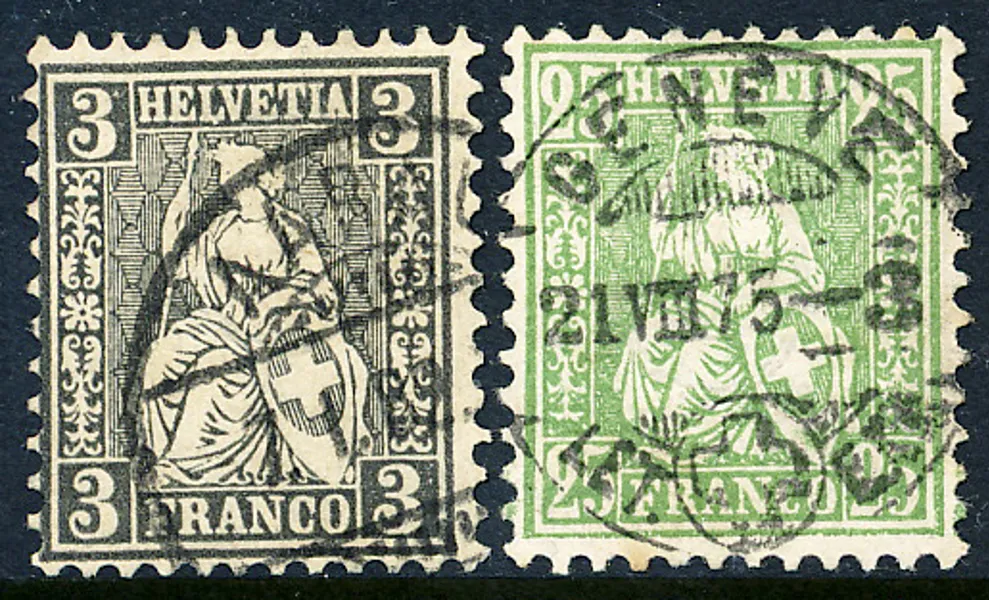 SCHWEIZ Sittande Helvetica 3C gråsvart (1862) och 25 C grön (1867) lyxstämplat