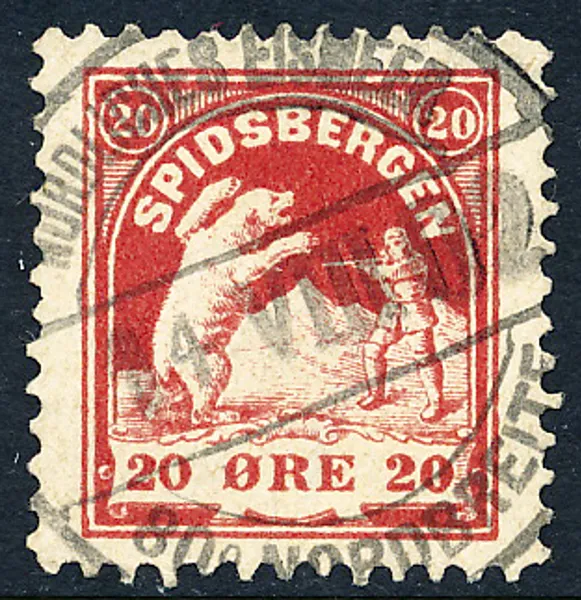 NORGE Bypost 20 öre röd Spidsbergen vackert stämplat NORDLIGEST EISBEER 14.VIII.02