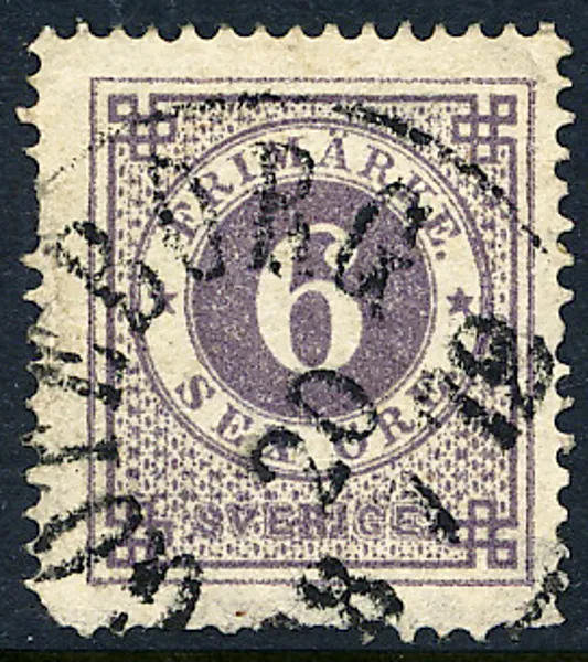 F20a tandning 14 6 öre brunaktigt mörklila stämplat GÖTEBORG 20.x.1872