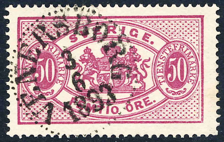 TJ 22B Långa tjänste t.13 - 50 öre röd typ II i god centrering och stämplat VENERSBORG 3.6.1893
