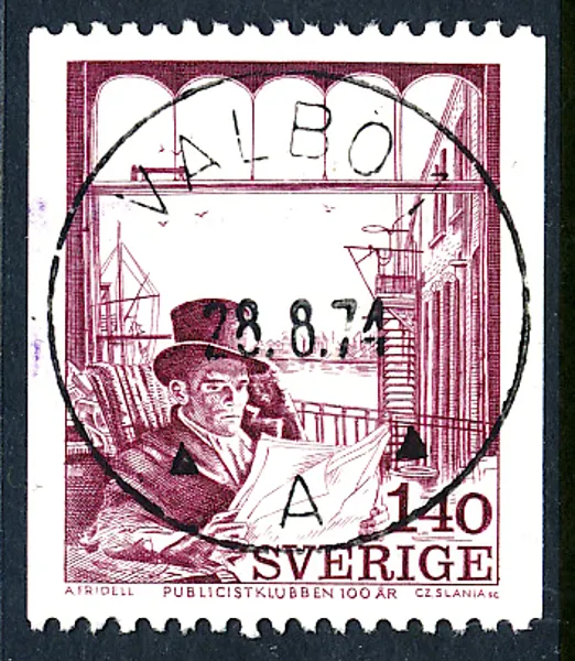 F880 1,40 kr brunkarmin Publicistklubben 100 år lyxstämpel VALBO 1 A 28.8.74