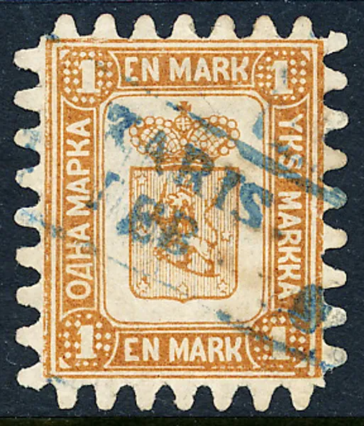 FINLAND F10 C2 1mark blekt orangebrun, genomstick II stämplat KARIS (blå), reparerat exemplar
