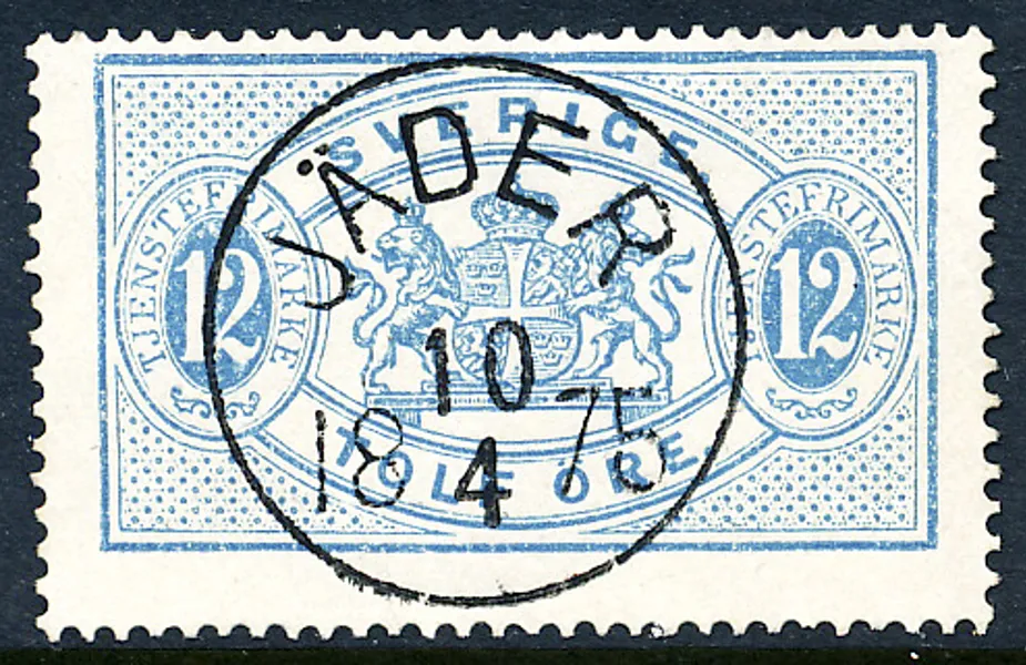 Tj5a 12öre blå t.14 på blågråakt papper, lyxstämplat ex JÄDER 10.4.1875