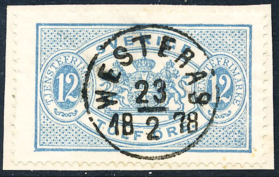 Tj5a 12öre blå t.14 lyxstämplat WESTERÅS 23.2.1878, praktexemplar på klipp