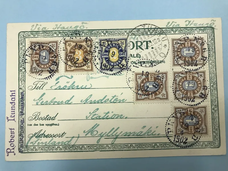 F61 x5, F62 och F63 Vykort rätt frankerat med 10 öre till Finland via Hangö stämplat PKXP 6B 19.4.1902