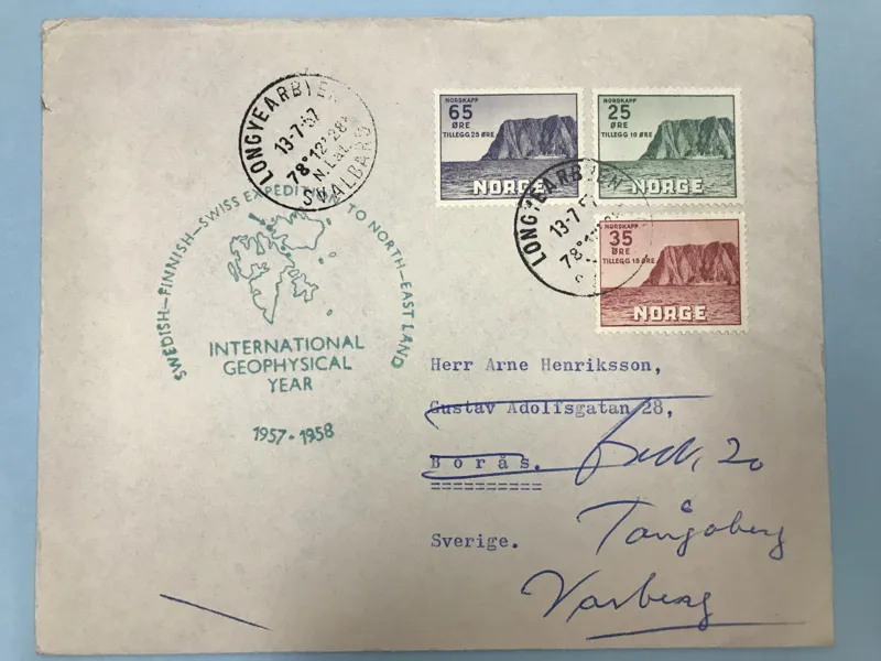 NORGE F441 - 443 NORDKAP V på brev från Svalbard till Sverige, LONGYEARBYEN 13.7.58