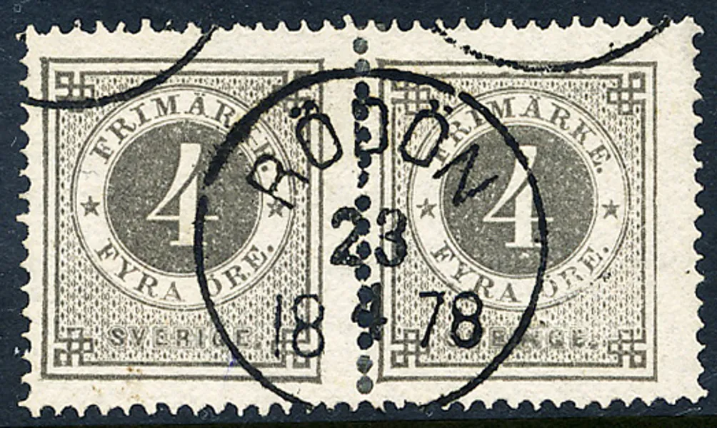 F18a par  4 öre mörkgrå i par vackert stämplat RÖDÖN 24.4.1878