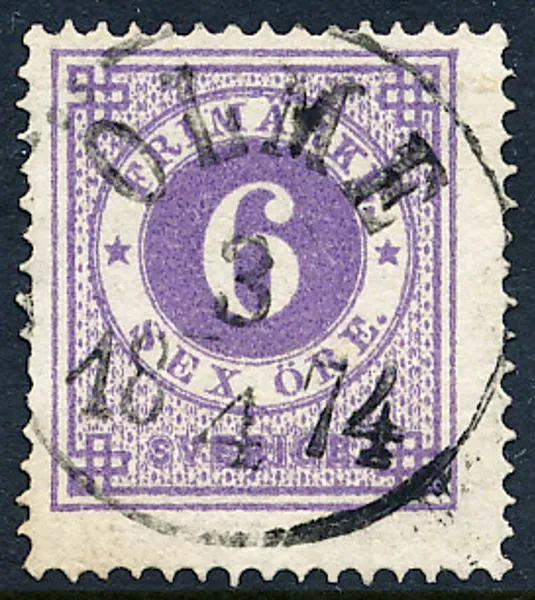 F20d blåaktigt lila, slätt tryck t.14 stämplat ÖLME 3.4.1874
