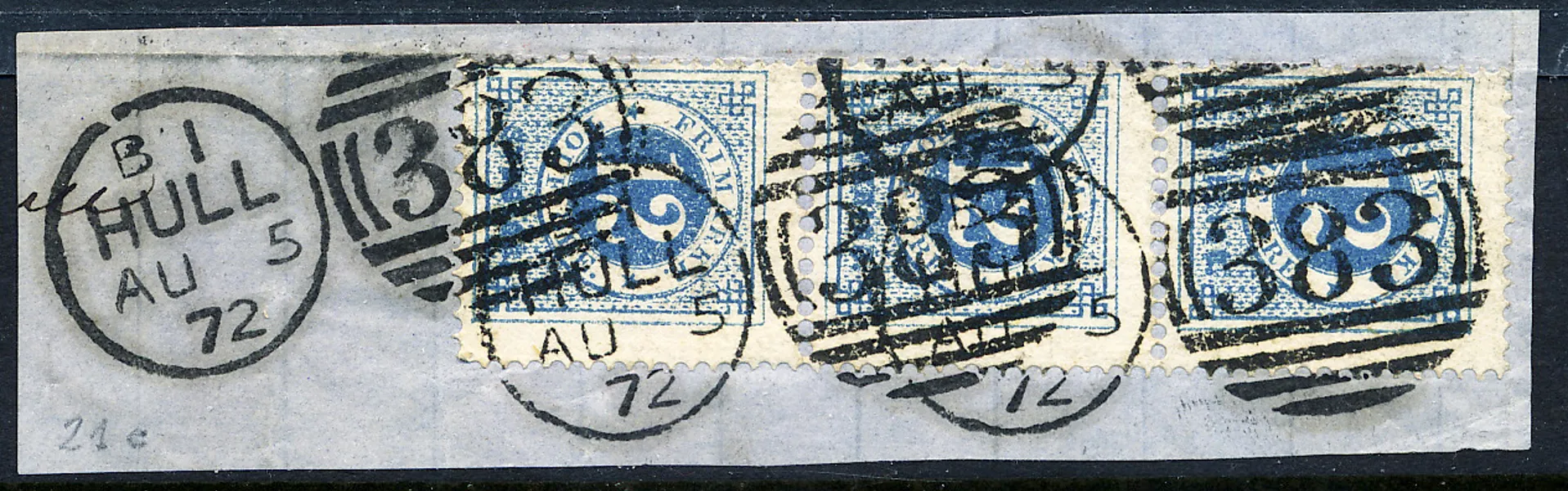 F21e ultramarinaktigt blå, vanligt papper t.14 3-strip på klipp stämplat i HULL AU 5 72 och 383BOXHOLM 13.9.1872