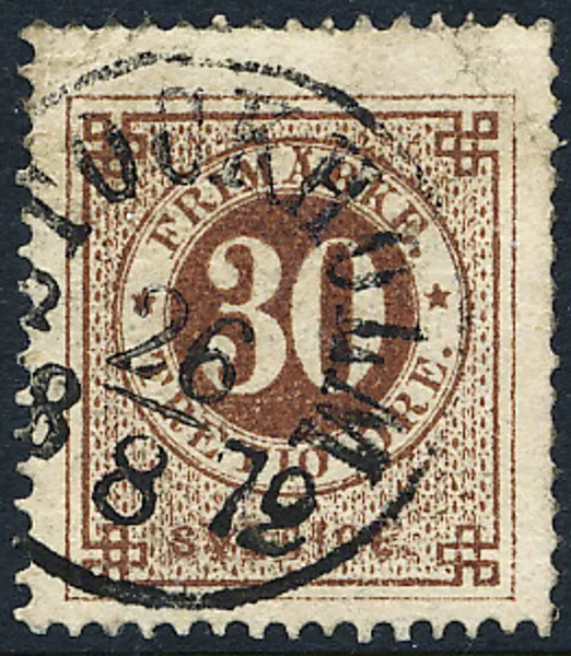 F25a1 30 öre mörkt rödaktigt brun på gulaktigt papper STOCKHOLM 26.8.1872
