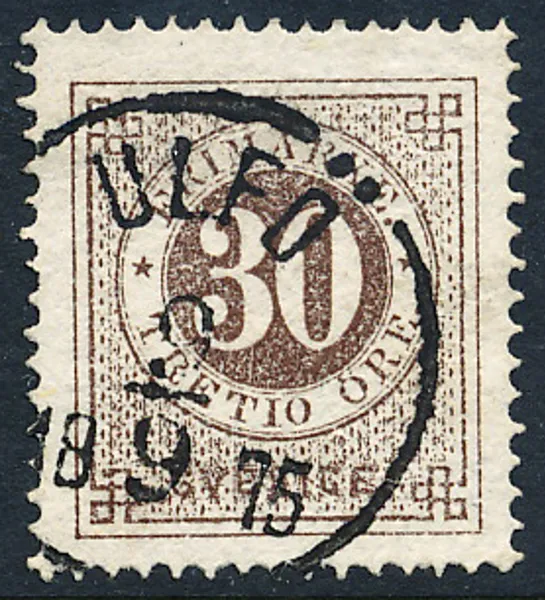 F25f 30 öre svartaktigt brun, kornigt tryck ULFÖ 9.9.1875
