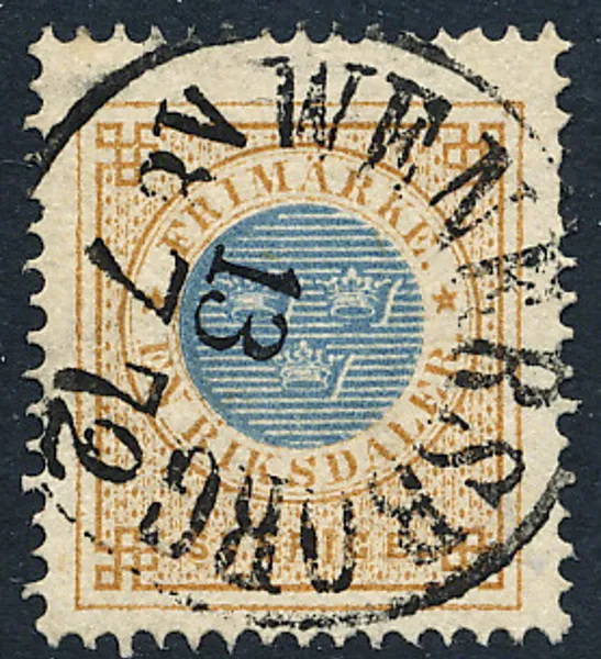 F27a 1 Riksdaler gulaktigt brun/blå på gulaktigt papper med sidvänd WENERSBORG 13.7.1872
