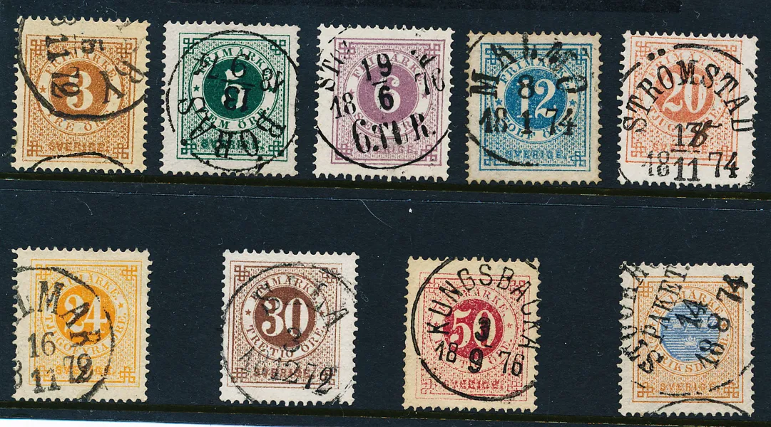 RINGTYP Nio olika Ringtyp t.14, 3 öre till 1 Rd utom 4 öre och 20/20 öre.