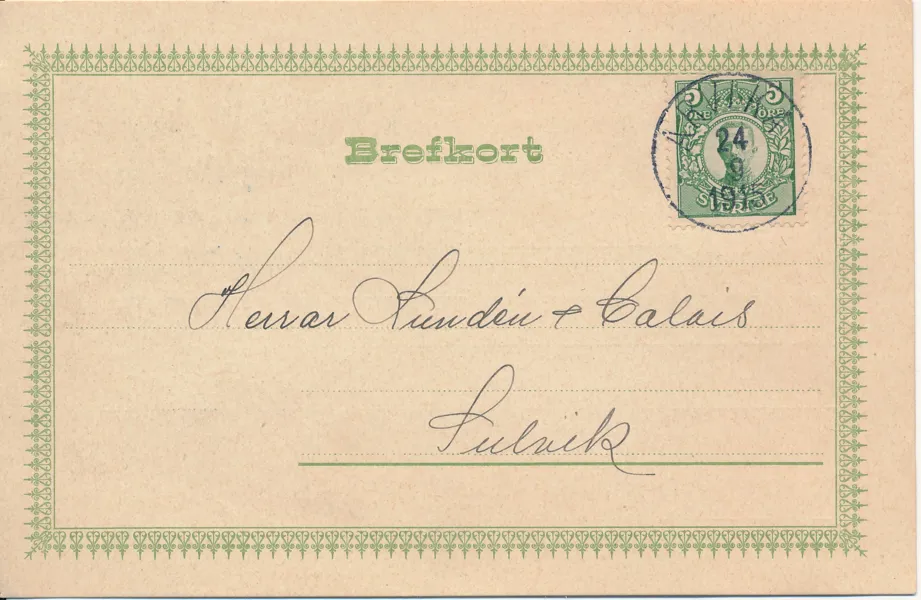 F79 5 öre Medaljong med Lyxstämpel ARVIKA 24.9.1915 på inrikes brevkort