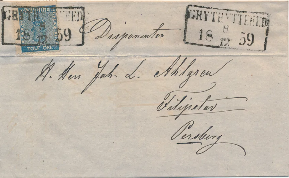 F9 12 öre Vapen frankerat på brevomslag till Filipstad med fyrkantstämpel GRYTHYTTEHED 8.12.1859