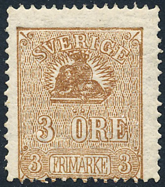 F14Bc  3 öre brun Liggande Lejon typ II ostämplat exemplar, intyg FO