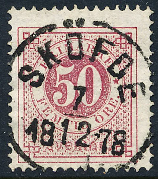 F36a 50 öre karmin posthorn SKÖFDE 7.12.1878 Praktexemplar