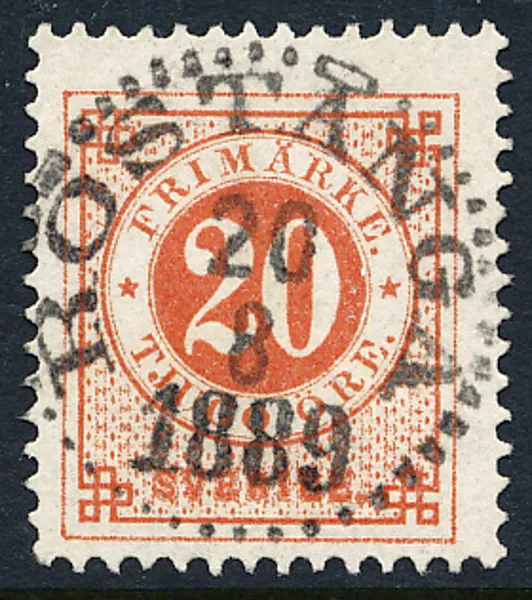 F46a 20 öre matt orangeröd posthorn RÖSTÅNGA 28.8.1889, härlig lyxstämpel - Praktexemplar